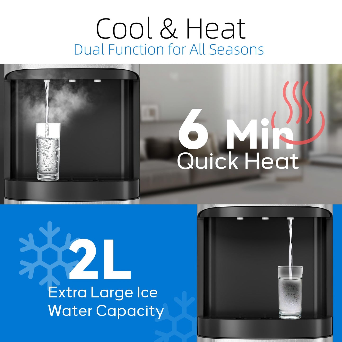 Manastin Bottom Loading Water Cooler Dispenser for 3-5 Gallon Bottles, 3 Temperature - Hot, Cold & Room Water with Child Lock, Ideal Design for Home & Office, Mirror Silver