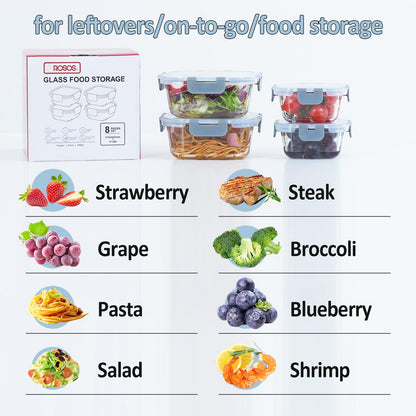 ROSOS Glass Food Storage Containers with Lids Upgraded Airtight, 4 Pack Glass Storage Containers with Lids, Not Easy Broken & Leak Proof, Glass Containers with Lids for Oven/Dishwasher Safe, Grey
