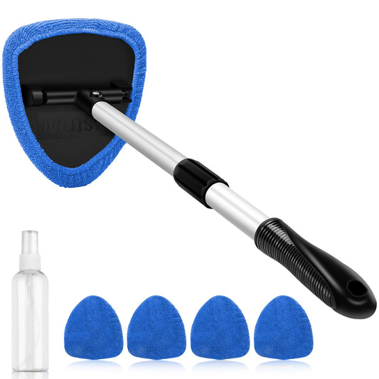 AstroAI Windshield Cleaner Tool, Car Interior Window Detailing Cleaning Kit with Extendable Handle and 4 Easy-to-Install Reusable Microfiber Pads, Auto Glass Wiper Brush Kit for Car&Home, Blue, 21in