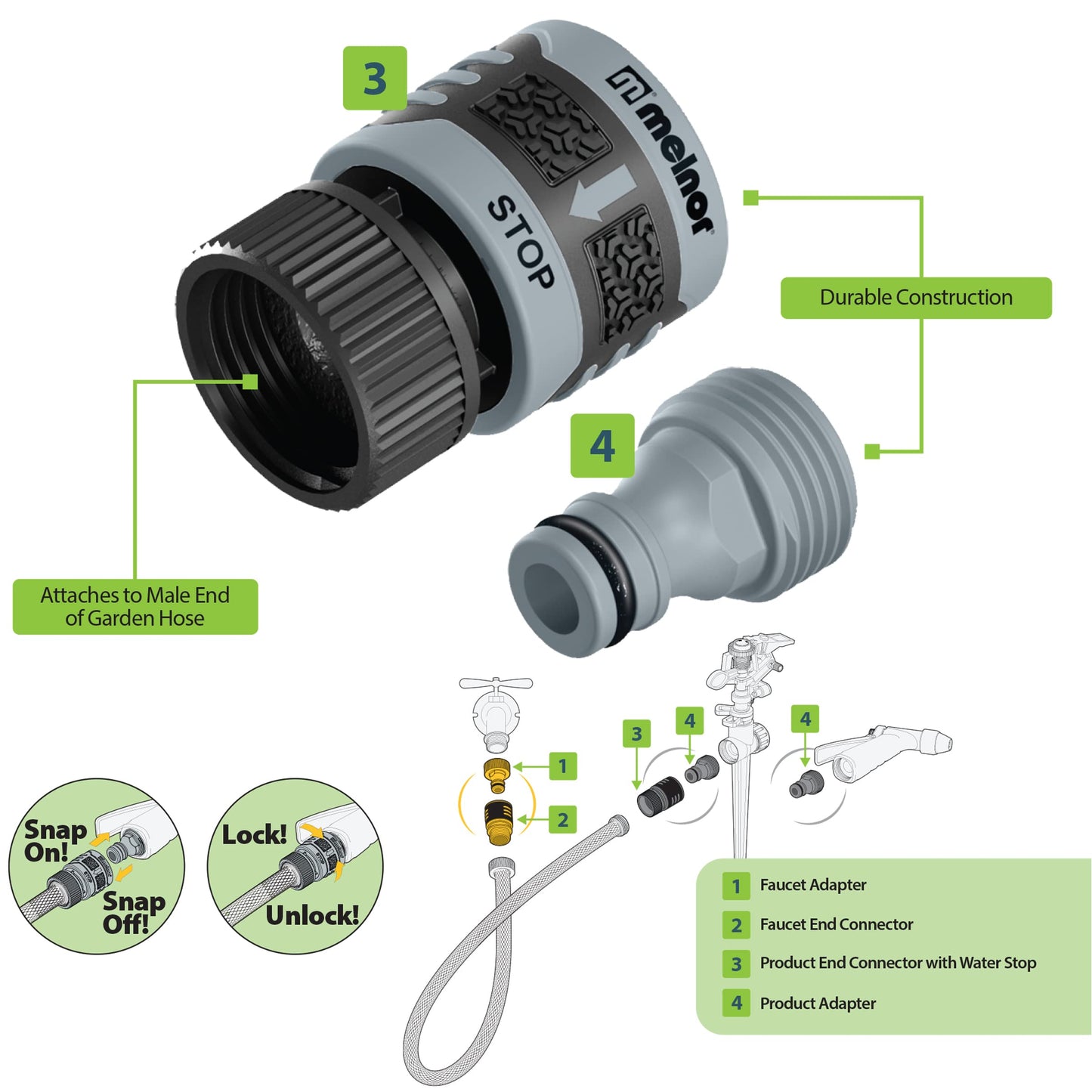 Melnor 65175AMZ 6 Piece Quick Connect Starter Set Connector Bundle, Product Adapter, Product End Connector, Black, Grey
