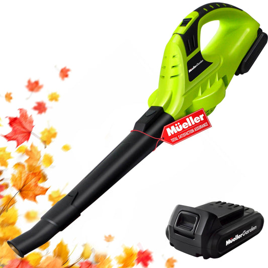 Mueller UltraStorm Cordless Leaf Blower, 140 MPH 20 V Powerful Motor, Electric Leaf Blower for Lawn Care, Battery Powered Leaf Blower for Snow Blowing High Capacity Battery & Charger Green