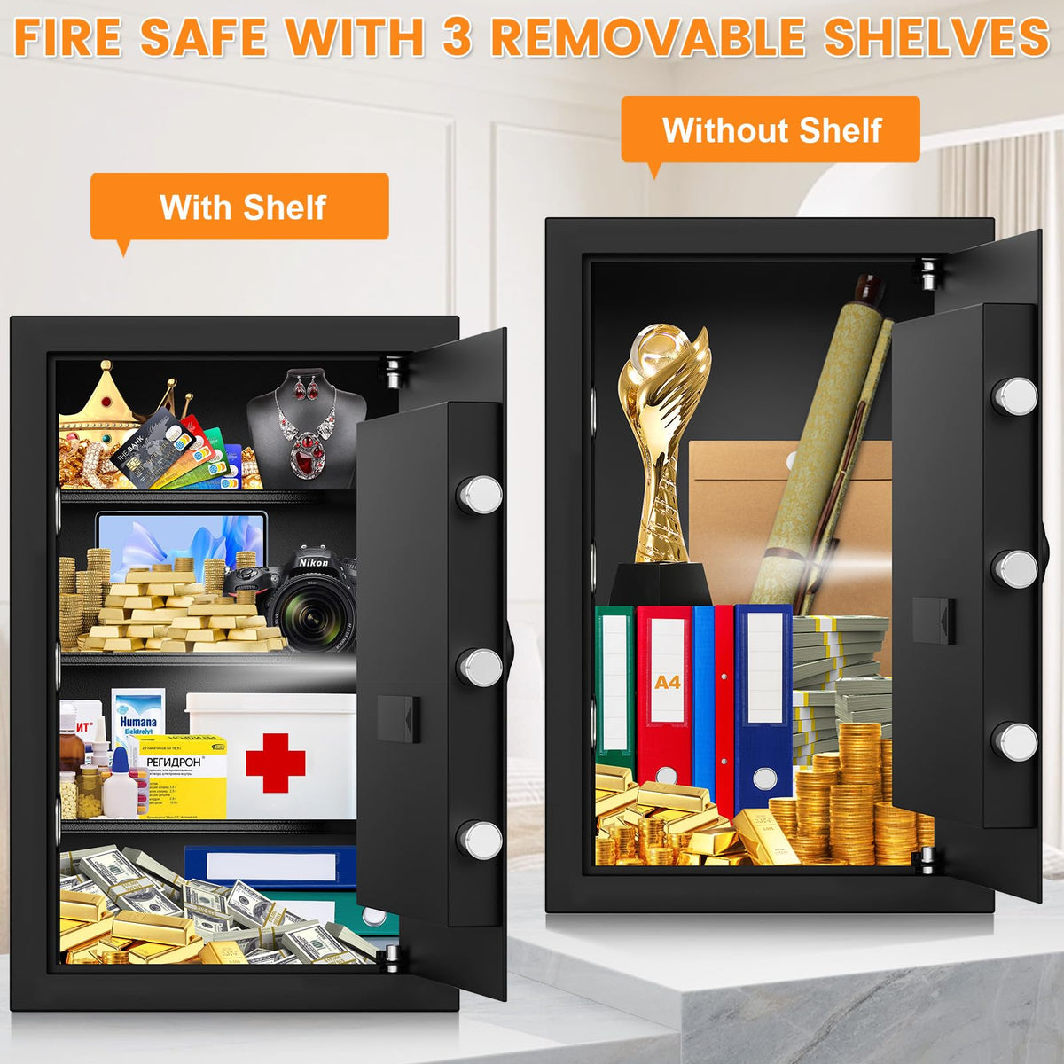 4.5 Cuft Larger Safe Box Fireproof Waterproof, Fireproof Safe with Fireproof Document Bag, Alarm Systerm and Comb Lock, Anti-Theft Safes for Home Ammo Money Document