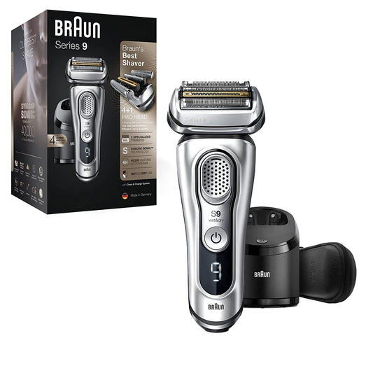 Braun Electric Razor for Men, Waterproof Foil Shaver, Series 9 9390cc, Wet & Dry Shave, with Pop-Up Beard Trimmer for Grooming, Cleaning & Charging SmartCare Center and Leather Travel Case, Silver