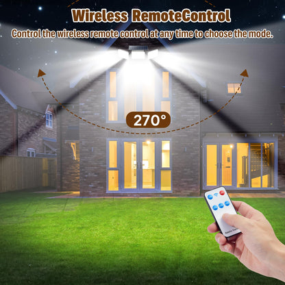 Solar Lights Outdoor Waterproof, Motion Sensor & Flood Outdoor Lights with Remote Control, 4 Adjustable Modes, 3000LM & 218 LED, High-Energy-Density Solar Panel-Monocrystalline Technology, 2 Pack