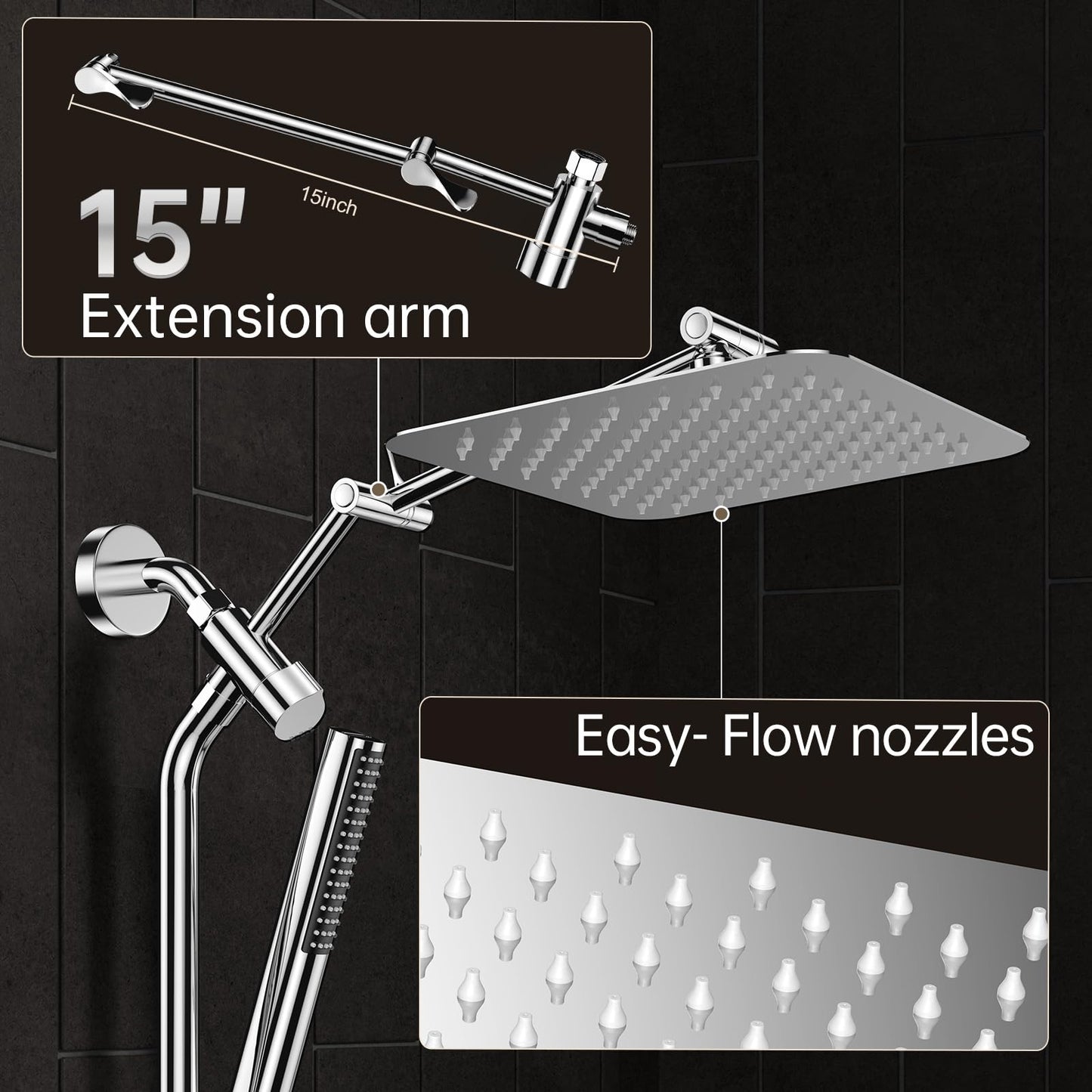 Veken 10" Luxurious All Metal Rain Shower Head with Handheld Spray Combo, High Pressure Rainfall Square Shower Heads with Extention Arm, Wide Dual Showerhead, Bathroom Accessories, Chrome, Silver