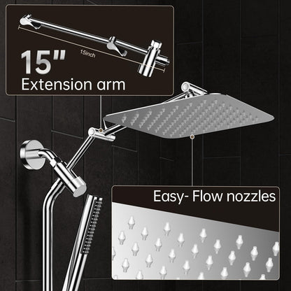 Veken 10" Luxurious All Metal Rain Shower Head with Handheld Spray Combo, High Pressure Rainfall Square Shower Heads with Extention Arm, Wide Dual Showerhead, Bathroom Accessories, Chrome, Silver