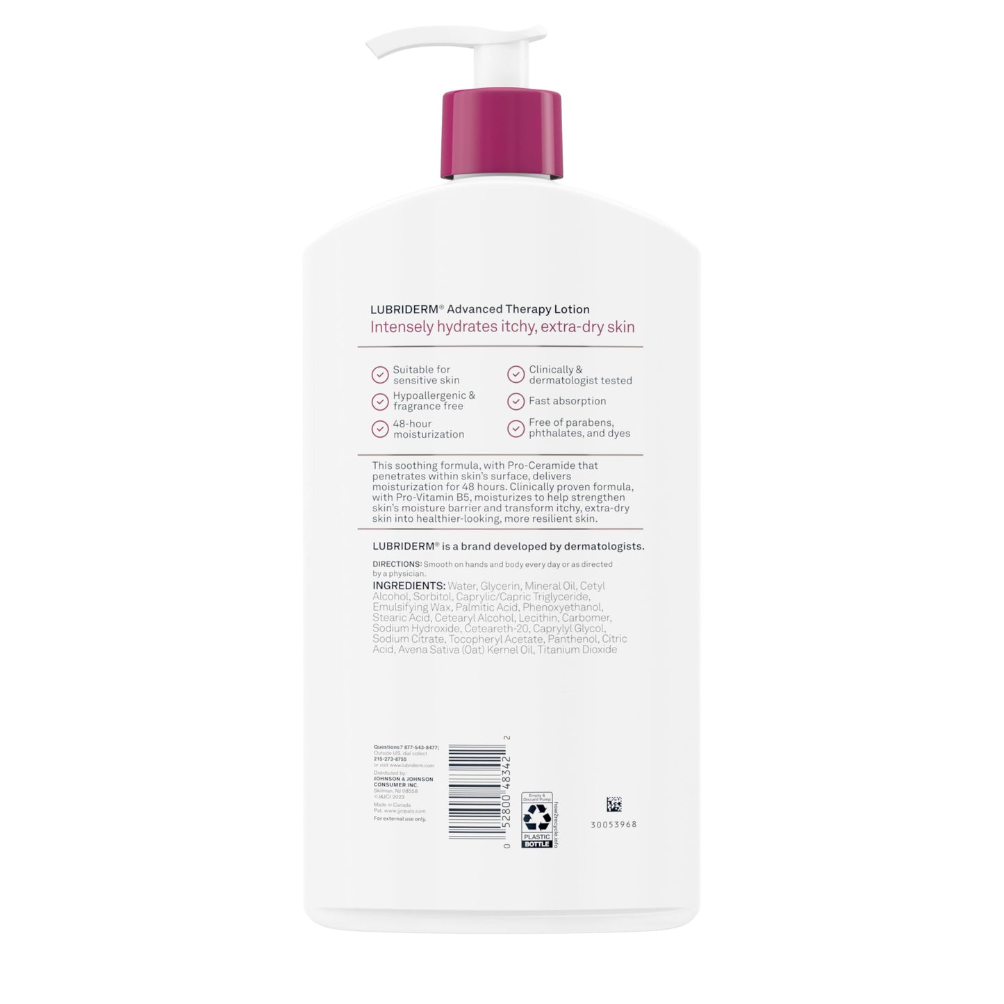 Lubriderm Advanced Therapy Fragrance-Free Moisturizing Hand & Body Lotion + Pro-Ceramide, Intense Hydration for Itchy, Extra Dry, & Sensitive Skin, Non-Greasy, Hypoallergenic, 32 fl. oz