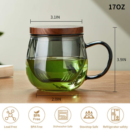 Unbreakable Glass Tea Cup with Infuser and Lid - 17oz Tea Mug for Loose Leaf Tea, Infusion Mug with Glass Filter and Wood Lid
