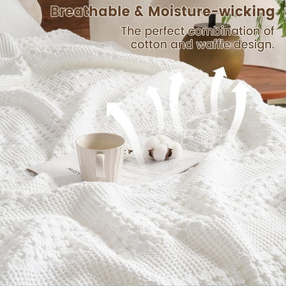 David's Home 100% Cotton Waffle Weave Throw Bed Blanket Queen Size, Lightweight Breathable Soft Spring Blanket for Bed, Gift for Women, Aesthetics Home Decor for Couch Sofa Bedding，White，90" * 90"