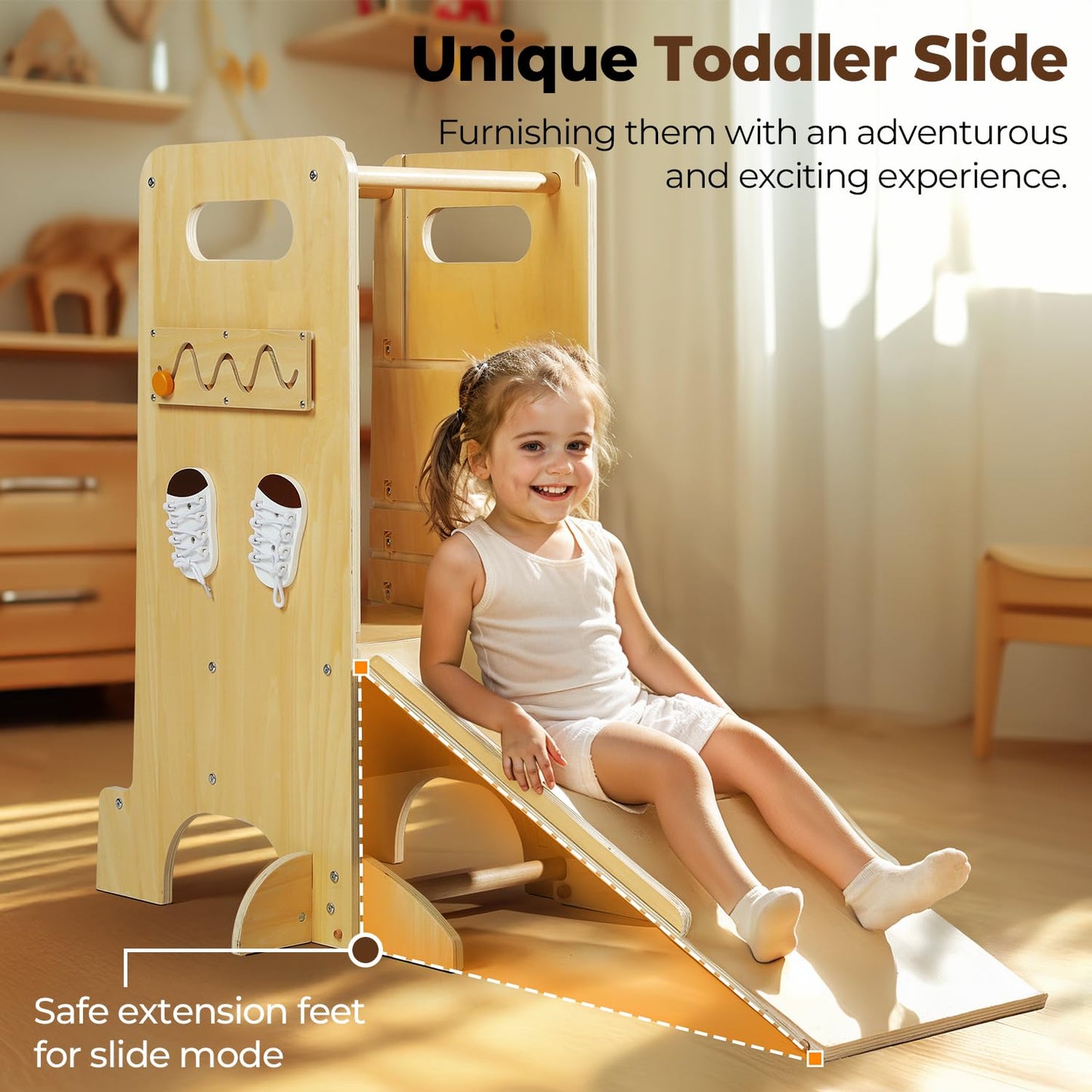 JUZBOT Toddler Tower 4 in 1 Toddler Kitchen Stool Helper Adjustable Standing Tower for Kitchen Counter with Safety Board, Slide, Chalkboard, Montessori Activities