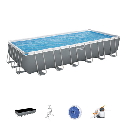 Bestway Power Steel 24' x 12' x 52" Rectangular Metal Frame Above Ground Swimming Pool Set with 1500 GPH Sand Filter Pump, Ladder, and Pool Cover