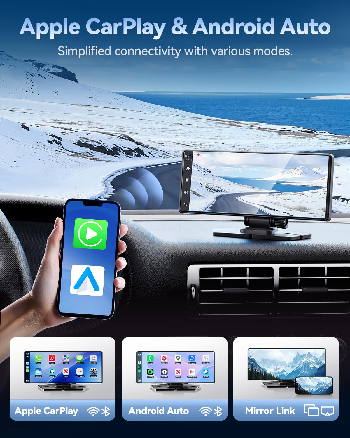 TERUNSOUl Carplay Screen for Car, 8.1" HD Portable Touch Screen Car Stereo with Android Auto, 4K Dash Cam, 1080P Backup Camera, GPS Navigation, Mirror Link, Bluetooth, AUX, FM Transmitter