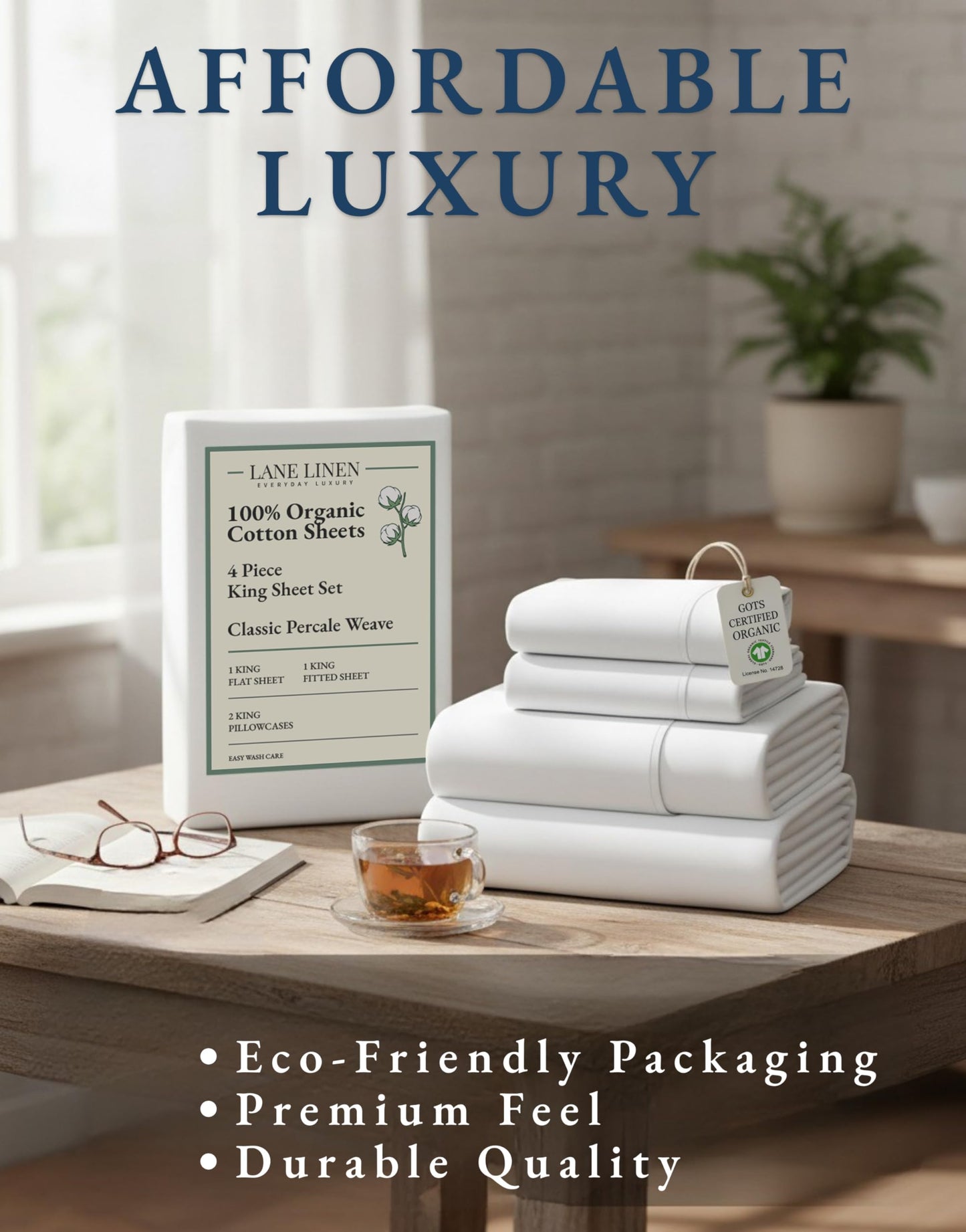 LANE LINEN 100% Organic Cotton King Size Sheets Set, Soft & Comfy All Season Breathable Sheets King Size, Percale Weave Fully Elasticized Eco Friendly Naturally Cooling King White Bed Sheets