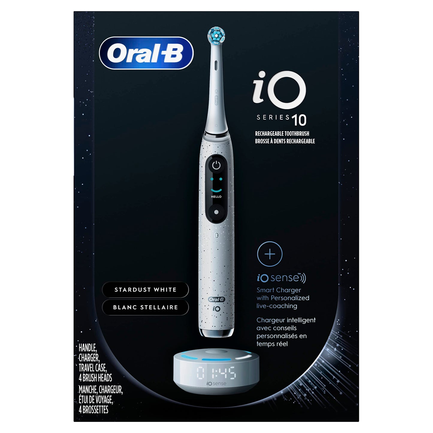 Oral-B iO Series 10 Rechargeable Electric Toothbrush with Visible Pressure Sensor to Protect Gums, 2 Min Timer, 7 Cleaning Settings, 4 Replacement Toothbrush Heads, and Charging Travel Case, White
