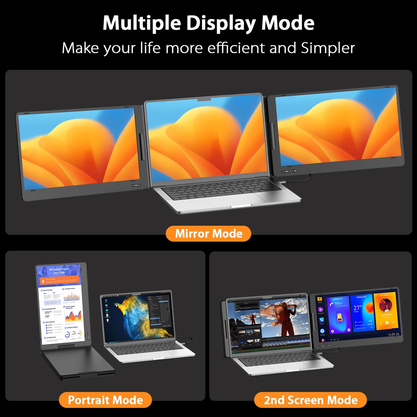 QQH Triple Portable Monitor, 14” FHD 1080P IPS Laptop Screen Extender with Alloy Stand, Only One USB-C Plug and Play Laptop Monitor Extender Compatible with MacOS, Wins, Android for 12-16” Laptops