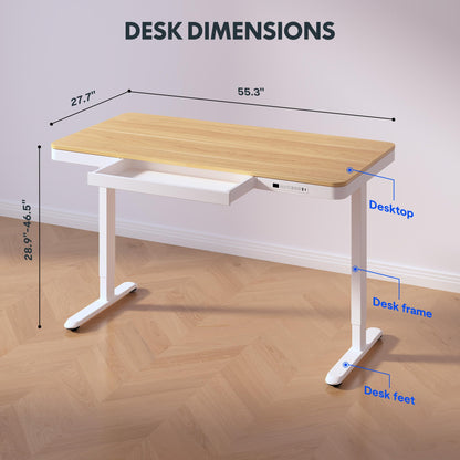 FLEXISPOT 55" Electric Standing Desk with Drawers, Quick Assembly Home Office Sit Stand Desk with Storage, USB Charging, Computer Desk for Home Office (Maple Top + White Adjustable Frame, Comhar)
