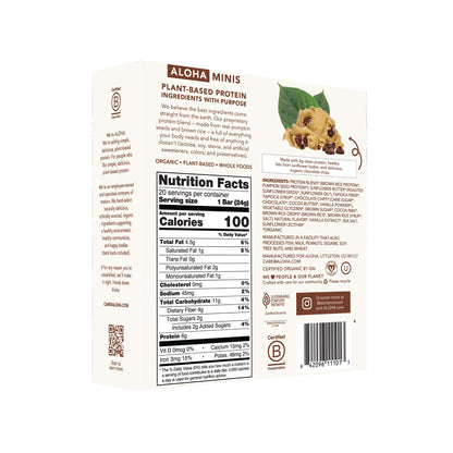 ALOHA Organic Plant Based Protein Bar MINIS |Chocolate Chip Cookie Dough| 20 Count, 24g Bars | Vegan, Low Sugar, Gluten Free, Paleo, Low Carb, Non-GMO, Stevia Free, Soy Free, No Sugar Alcohols
