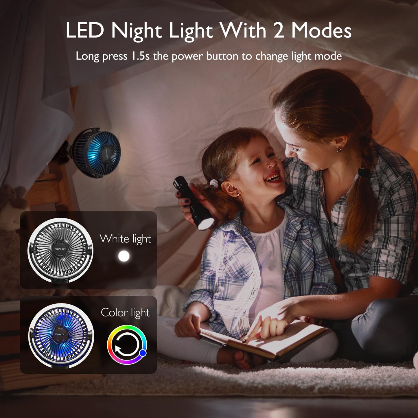 Momcozy 8000mAh Portable Stroller Fan, 27H Ultra-long Battery Life Detachable 4 Speed 360°Rotate LED Night Light with 2 Modes, USB Rechargeable Handheld Cooling Fan for Travel/Car Seat/Bedroom