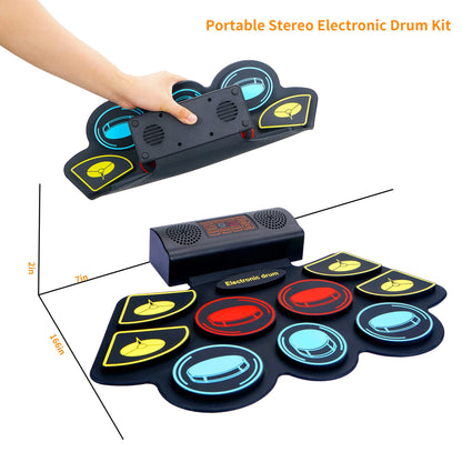 Electric Drum Set for Kids, Electronic Drum Pad with Light Up Drumsticks and Drum Stand, Bulit-in Double Speakers and Rechargeable Battery, Kids Drum Set with LED Drumsticks, 9 Pads Digital Drum Kit
