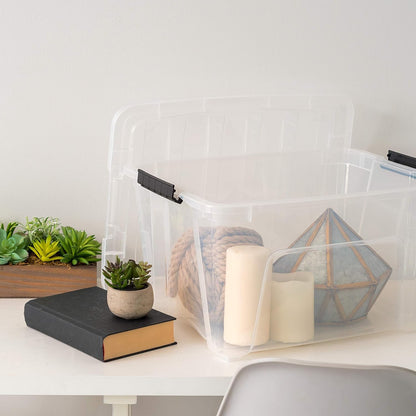 IRIS USA 32 Qt Stackable Plastic Storage Bins with Lids, 4 Pack - BPA-Free, Made in USA - See-Through Organizing Solution, Latches, Durable Nestable Containers, Secure Pull Handle - Clear