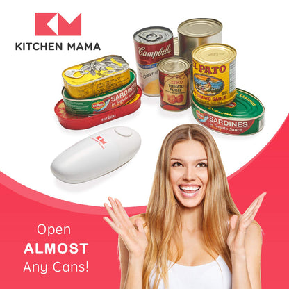 Kitchen Mama Auto Electric Can Opener Open Your Cans with A Simple Press of Button - Automatic, Hands Free, Smooth Edge, Food-Safe, Battery Operated, YES YOU CAN (White)