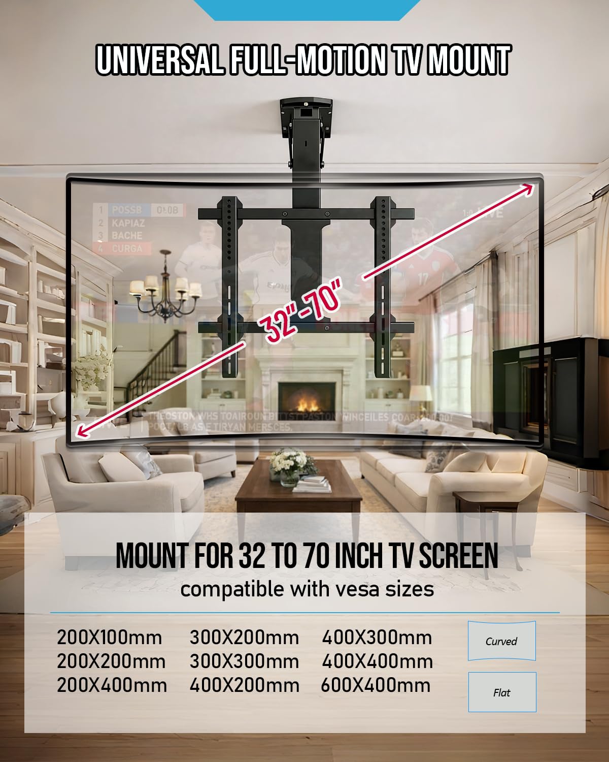Electric Ceiling TV Mount with Remote - Motorized Ceiling TV Mount for Flat and Pitched Roof, 32 to 70 Inch Flat and Curved Screen TVs (Black)