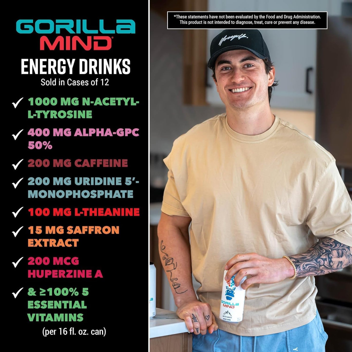 Gorilla Mind Energy Drink | Unmatched Energy · Amplified Focus | N-Acetyl-L-Tyrosine, Alpha-GPC, 200mg Caffeine, Uridine, Saffron | 0 Sugar Or Artificial Colors | 16oz, 12-Pack (Sour Watermelon Candy)