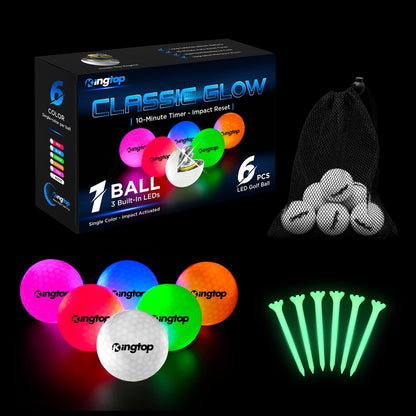 KINGTOP Classic Glow in The Dark Golf Balls with 10-Minute Reset Timer, Super Bright Light Up LED Golf Balls - with Glowing Tees and Storage Bag - Novelty Night Golfing Gift for Men and Women