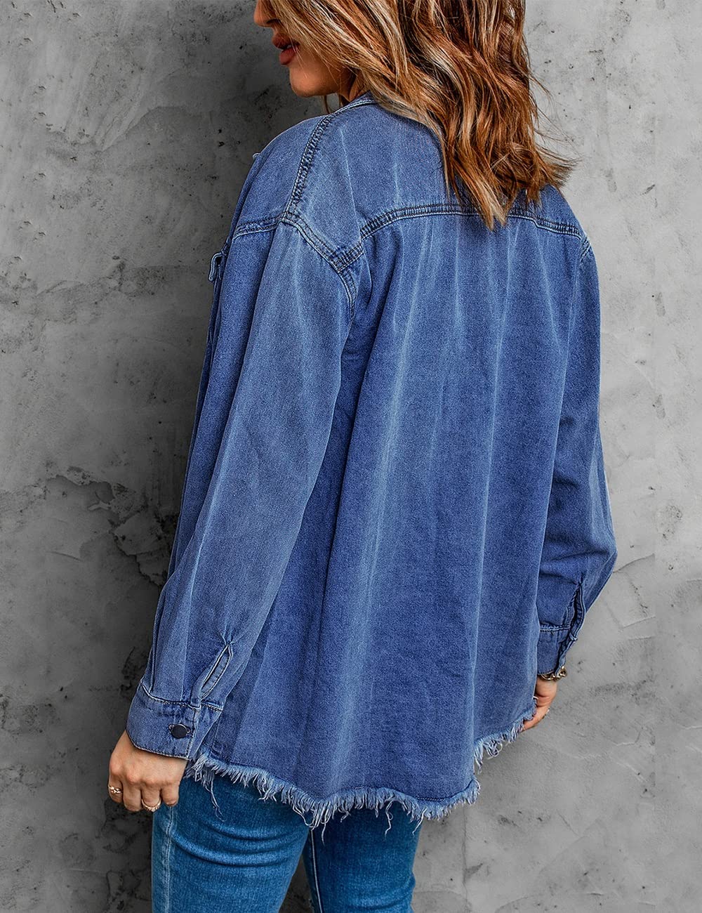 Vetinee Women's Womens Clothes Oversized Boyfriend Nightfall Blue Front Button Up Frayed Raw Hem Long Sleeve Pockets Denim Jean Jacket Shacket X-Large Size 16 Size 18