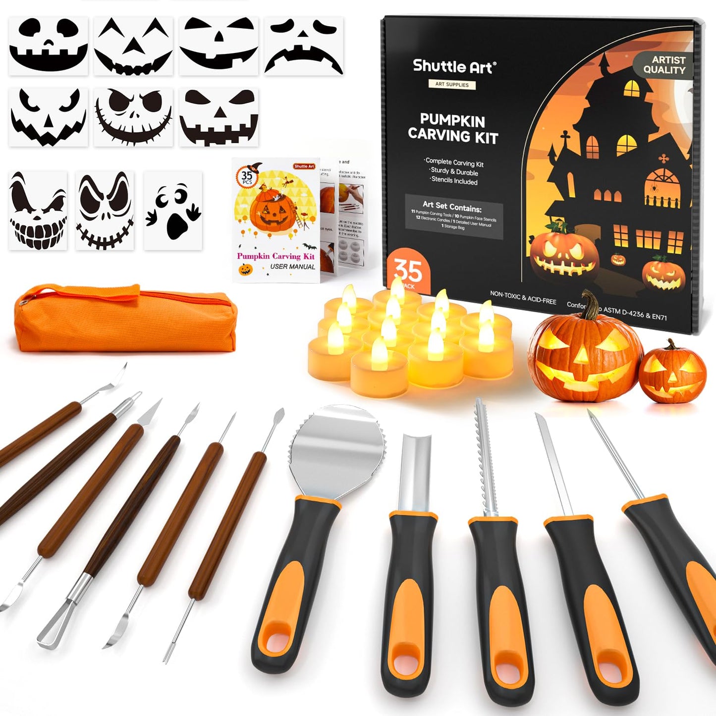 Shuttle Art 35 PCS Halloween Pumpkin Carving Kit, 11 PCS Professional Stainless Steel Pumpkin Carving Tools with 10 Stencils and 12 Electronic Candles, Safe, Fun and Durable for Kids Adults Carving