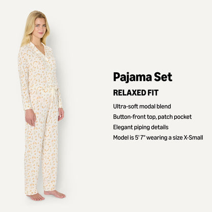 Amazon Essentials x Sofia Grainge Women's Stretch Modal Long-Sleeve and Full-Length Bottom Pajama Set, Ivory Squirrel Picnic, Medium