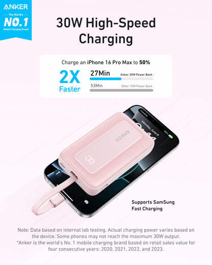 Anker Portable Charger, 10,000mAh 30W Power Bank, USB-C in and Out Fast Charging Battery Pack, Travel Essential Phone Power Bank, for iPhone 16/15, iPad, MacBook, Galaxy, Google, and More