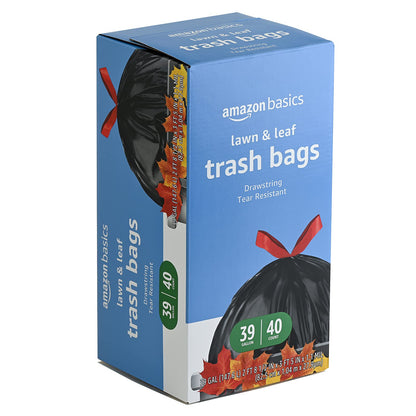 Amazon Basics Lawn & Leaf Drawstring Trash Bags, Unscented, 39 Gallon, 40 Count