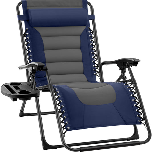 Best Choice Products Oversized Padded Zero Gravity Chair, Folding Outdoor Patio Recliner, XL Anti Gravity Lounger for Backyard w/Headrest, Cup Holder, Side Tray, Polyester Mesh - Navy/Gray