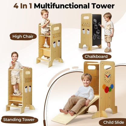 JUZBOT Toddler Tower 4 in 1 Toddler Kitchen Stool Helper Adjustable Standing Tower for Kitchen Counter with Safety Board, Slide, Chalkboard, Montessori Activities