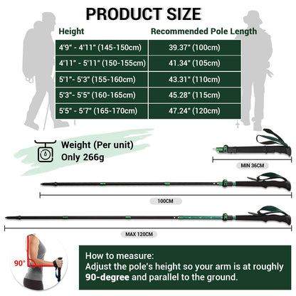 TheFitLife Collapsible Trekking Poles for Hiking – Lightweight Folding Walking Sticks for Men and Women with Extra-Long Foam Handle and Metal Flip Lock (Green, 100-120cm for 4'11''-5'7'' Height)
