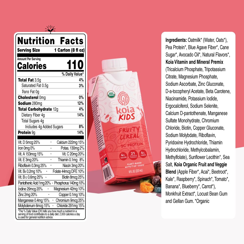 Koia Kids Plant Based Protein Shake, Fruity Cereal, Ready to Drink, 9g Protein, 4g Low Sugar, 4g Fiber, 21 Vitamins & Minerals, Dairy-Free, Allergen-Free, Organic, Non-GMO, 8 Fl Oz (Pack of 12)