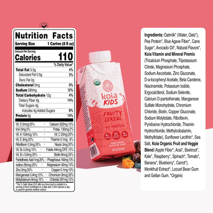 Koia Kids Plant Based Protein Shake, Fruity Cereal, Ready to Drink, 9g Protein, 4g Low Sugar, 4g Fiber, 21 Vitamins & Minerals, Dairy-Free, Allergen-Free, Organic, Non-GMO, 8 Fl Oz (Pack of 12)