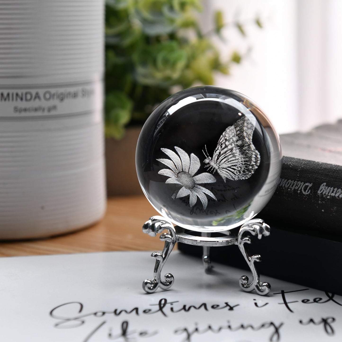 IFOLAINA 3D Butterfly Crystal Ball 60mm Gifts Ideas for Girlfriend Wife Mom Couple Her Butterfly on Sunflower in Glass Ball with Stand Flower Sphere Novelty Home Decor