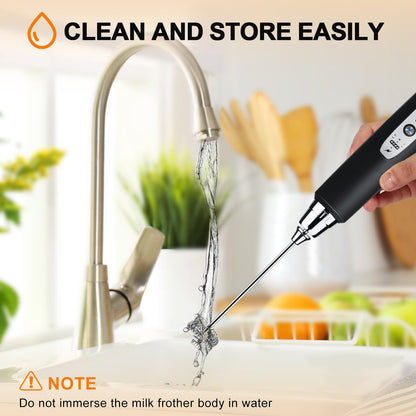 YUSWKO Black Handheld Milk Frother Wand for Coffee, Rechargeable Electric Whisk with 3 Heads 3 Speeds Drink Mixer Coffee Frother For Latte, Cappuccino, Hot Chocolate, Egg