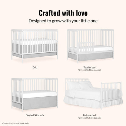 Dream On Me Synergy 5-in-1 Convertible Full-Size Baby Crib with Toddler, Day & Full Bed Conversion in White, GreenGuard Gold & BSA, 3 Mattress Heights, Sustainable Pinewood