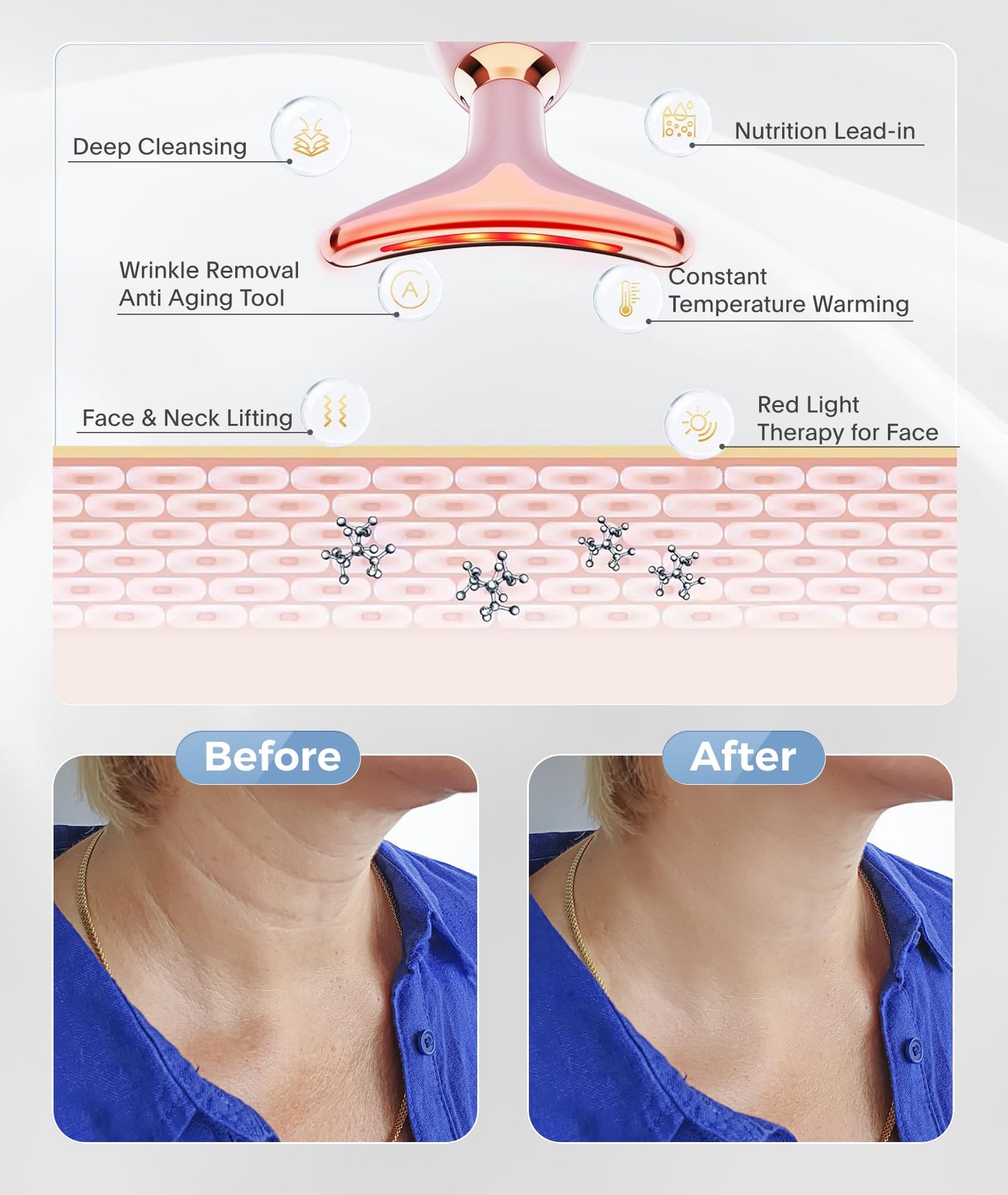 ELISHINE Light Based Face-Neck-Massager - 7 Color Portable Facial Massager for Skin Care, Glossy Pink