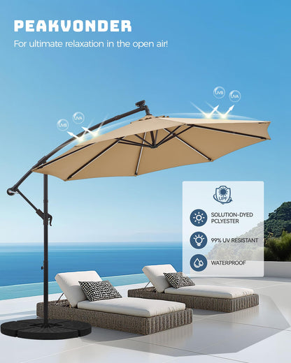 PEAKVONDER 10 ft Offset Patio Umbrella with Solar Lights, Large Cantilever Outdoor Umbrellas for Patio, Dual Charging, 200+ Light Modes, Heavy Duty, for Pool, Deck, Market, Tan HPU032TV1