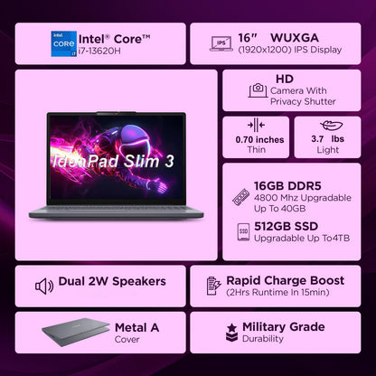 Lenovo Laptop Computer PC IdeaPad Slim 3 for Student Home Study, Intel i7-13620H (Beat Ultra 7 255U), 16GB DDR5 RAM, 512GB PCIe SSD, 16" FHD+, WiFi 6, Bluetooth 5.2, Luna Grey, Windows 11 Pro