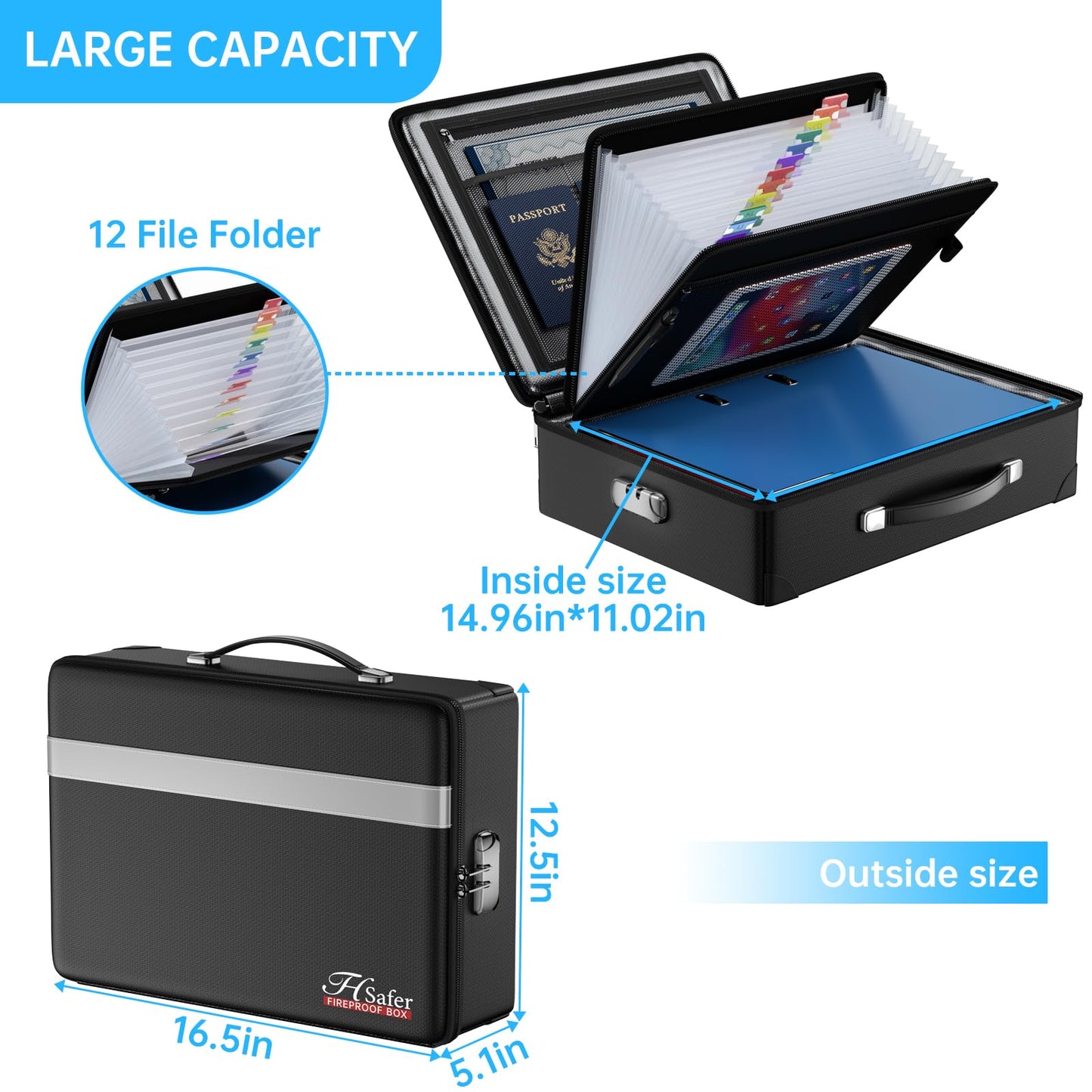 JHSafer Fireproof Document Box with lock, File Organizer with Fireproof Zipper, Hard Shell Fireproof & Waterproof Storage box, Portable Safe for Home, Important Documents, Laptop, Black