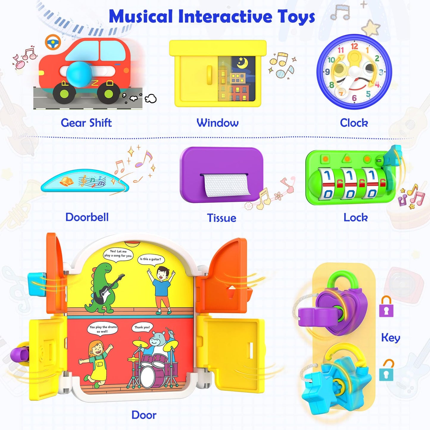 Montessori Toys for 1-2 Year Old Girl Boy Gifts, 15-in-1 Musical Busy Board, Birthday Gift for 1 Year Old Boy Girl, Educational Toddler Toy Age 1-2