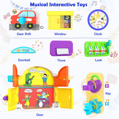 Montessori Toys for 1-2 Year Old Girl Boy Gifts, 15-in-1 Musical Busy Board, Birthday Gift for 1 Year Old Boy Girl, Educational Toddler Toy Age 1-2