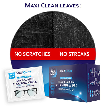 Glasses Wipes Lens Cleaner - Lens Wipes for Eyeglasses - 400 Pre-moistened Individually Wrapped Wipes for Eye Glasses, Electronics, Phone, Computer, Laptop Screen - Camera Lens Cleaner - Made in EU
