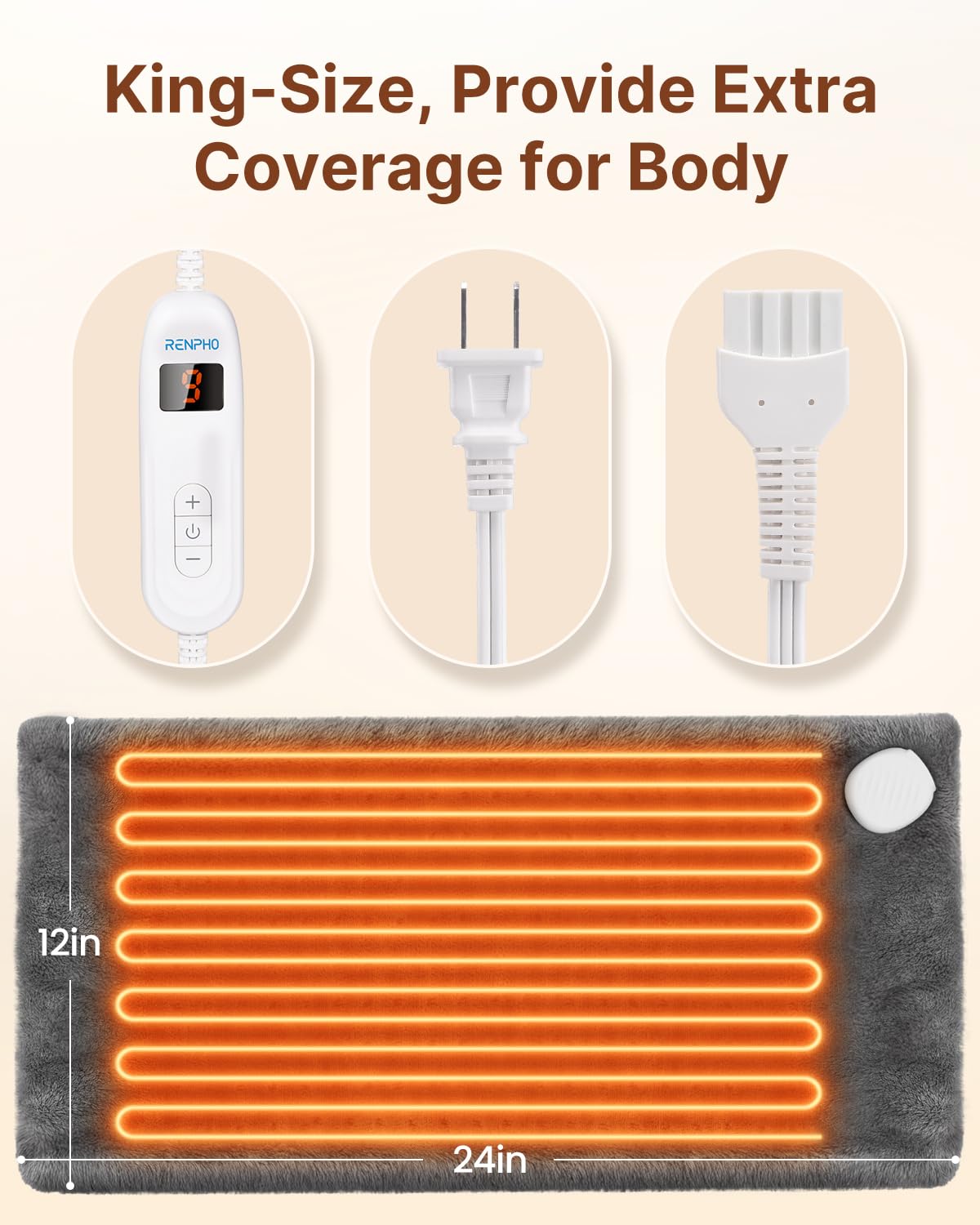 Fathers Day Dad Gifts, RENPHO Heating Pad for Back Pain Relief & Period Cramps, FSA HSA Eligible, 12" x24‘’ Electric Heat Pad for Neck and Shoulder, Birthday Gifts for Men, ETL Certified (Gray)