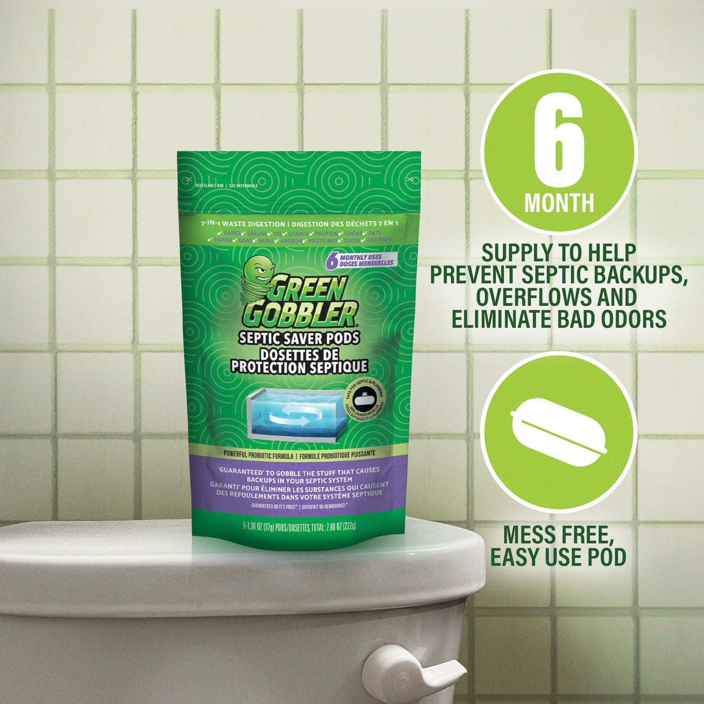 Green Gobbler Septic Tank Treatment Packets, 12 Month Supply - Natural Bacteria to Prevent Costly Septic Issues, Back-Ups, Foul Odor | Pod: Color May Vary